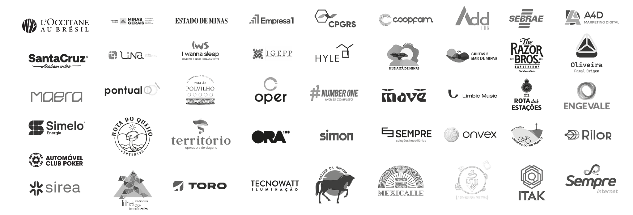 Logos de clientes atendidos pela hacoo, entre eles L'Occitane au Brésil, Estado de Minas, Sebrae, Lina Saúde, Hyle, Mavé e Simelo Energia