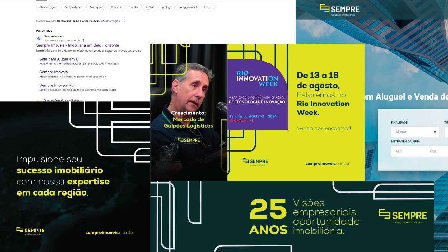 Materiais de comunicação da Sempre Soluções Imobiliárias em mídia digital e eventos