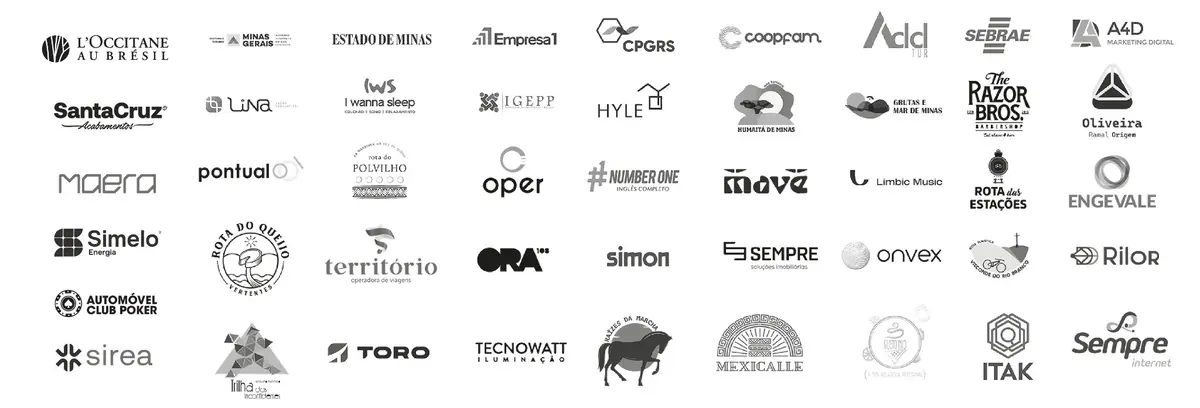 Logos de clientes atendidos pela hacoo, entre eles L'Occitane au Brésil, Estado de Minas, Sebrae, Lina Saúde, Hyle, Mavé e Simelo Energia